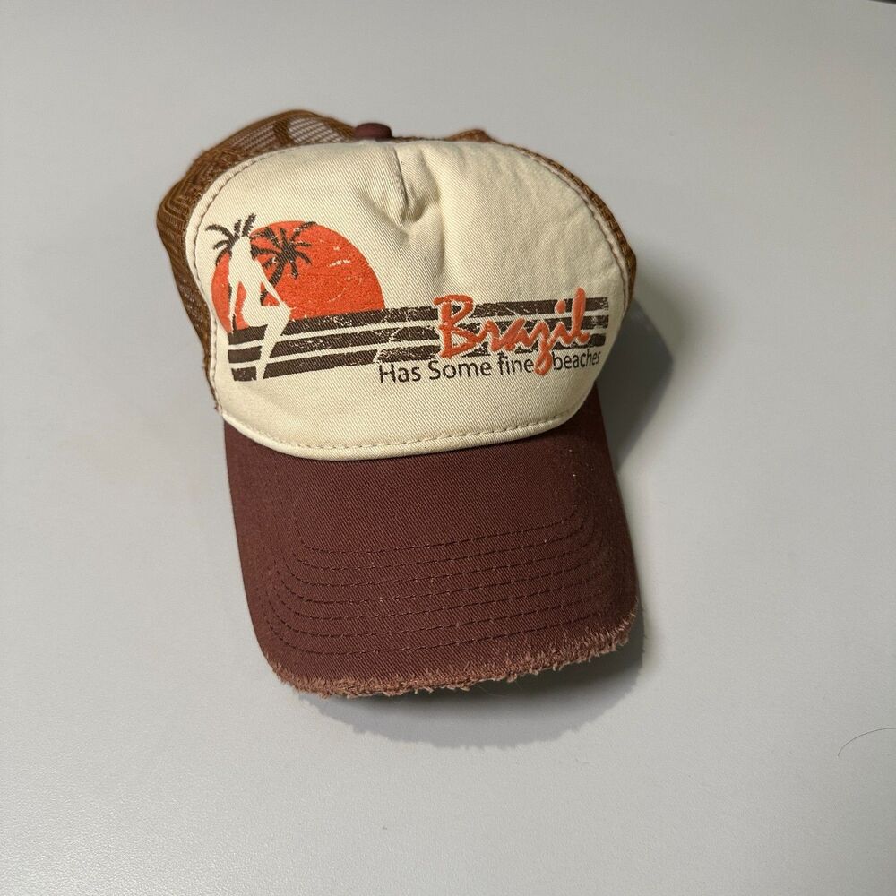 Brazil Has Some Fine Beaches Trucker Hat Distressed Snapback Brown Cream Mesh